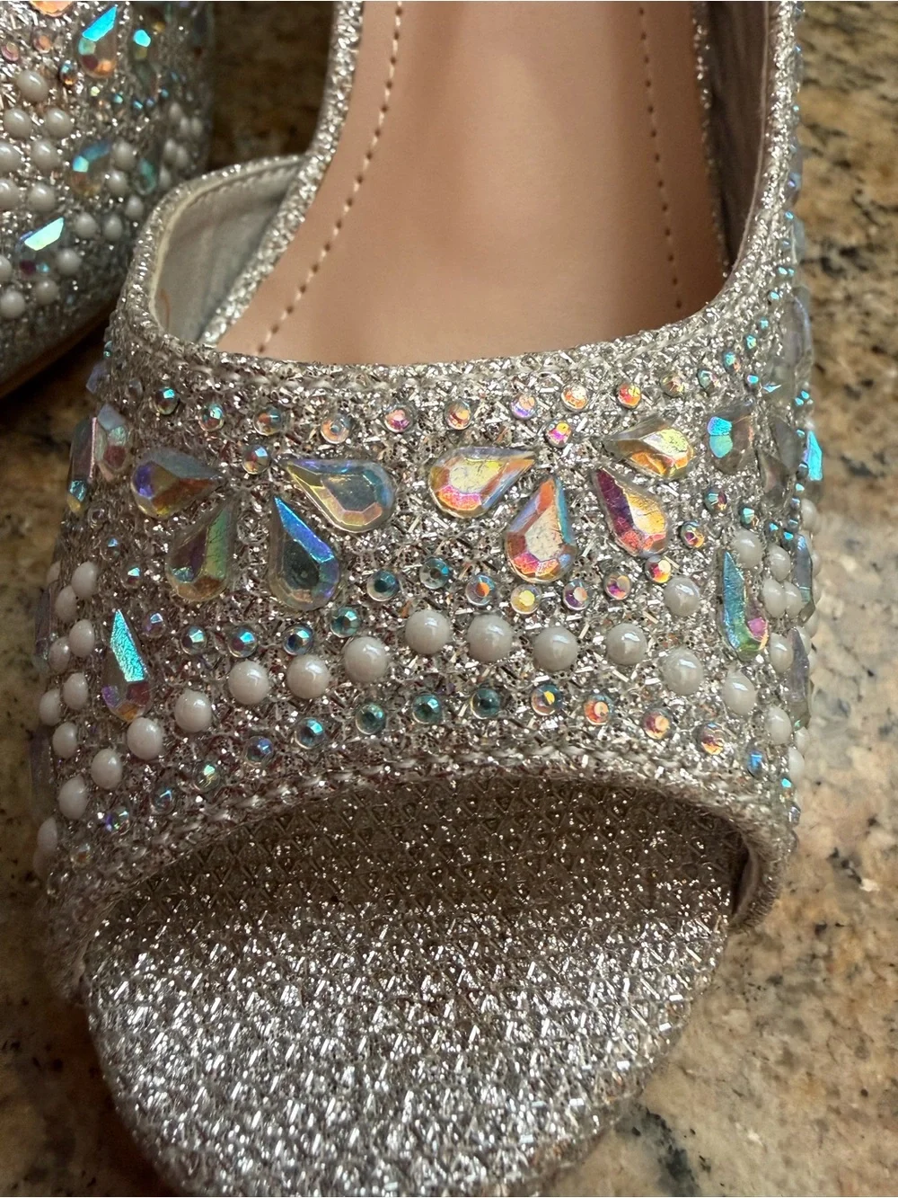 Girls' Fancy Silver Sparkle Rhinestone Embellished Open-Toe Dress Heels | Size 1